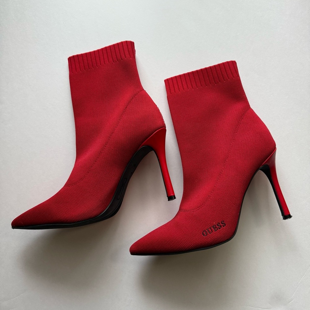 Guess Red Stiletto Knit Sock Mesh Ankle Booties - Picture 2 of 6